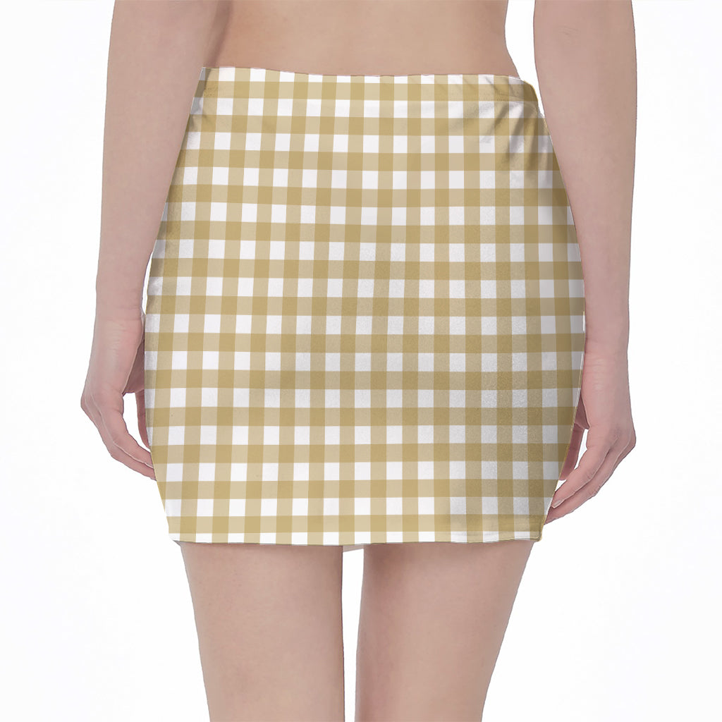 Beige And White Check Pattern Print Pencil Mini Skirt