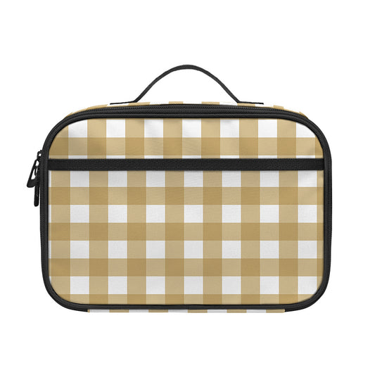 Beige And White Check Pattern Print Portable Lunch Bag