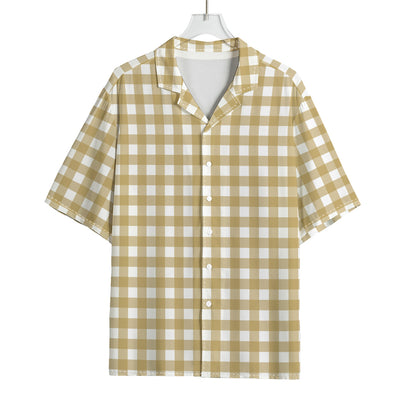 Beige And White Check Pattern Print Rayon Hawaiian Shirt