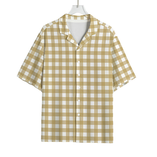 Beige And White Check Pattern Print Rayon Hawaiian Shirt