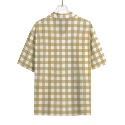 Beige And White Check Pattern Print Rayon Hawaiian Shirt
