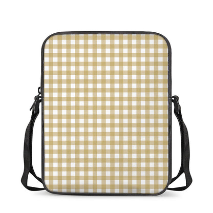 Beige And White Check Pattern Print Rectangular Crossbody Bag