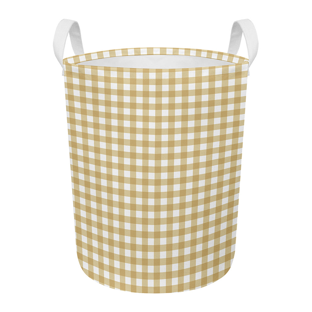 Beige And White Check Pattern Print Round Laundry Basket