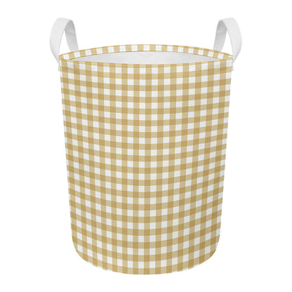 Beige And White Check Pattern Print Round Laundry Basket