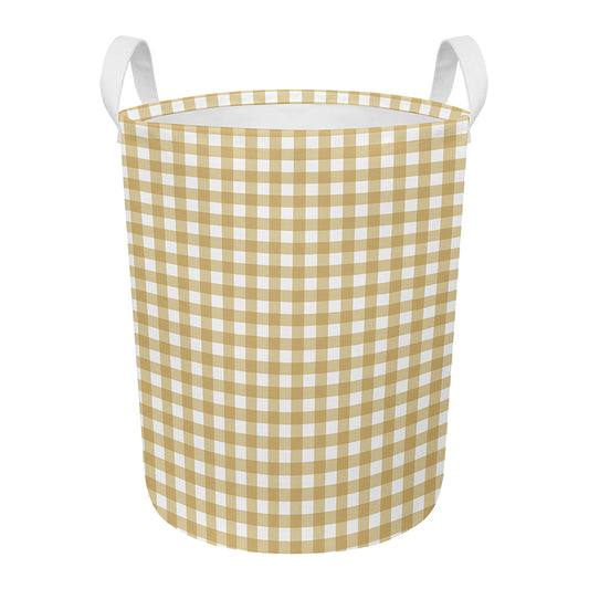 Beige And White Check Pattern Print Round Laundry Basket
