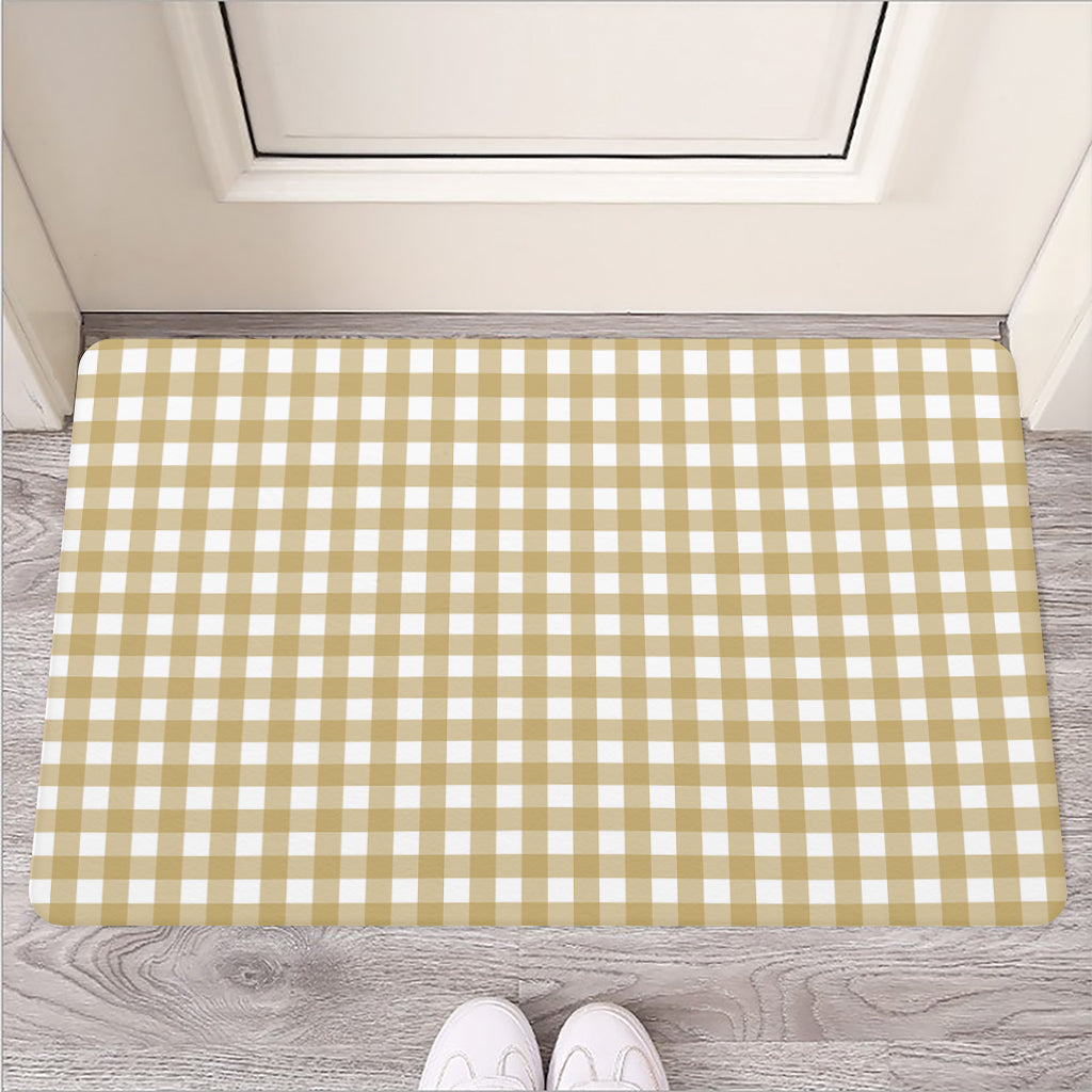 Beige And White Check Pattern Print Rubber Doormat