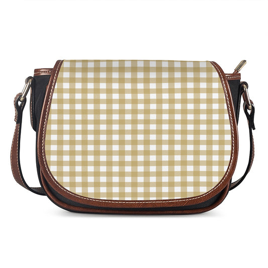 Beige And White Check Pattern Print Saddle Bag