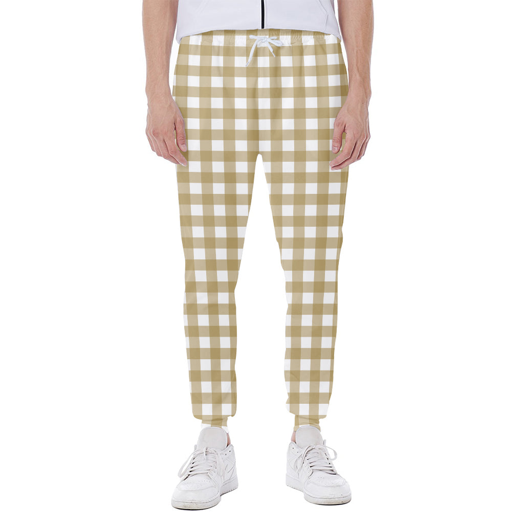 Beige And White Check Pattern Print Scuba Joggers