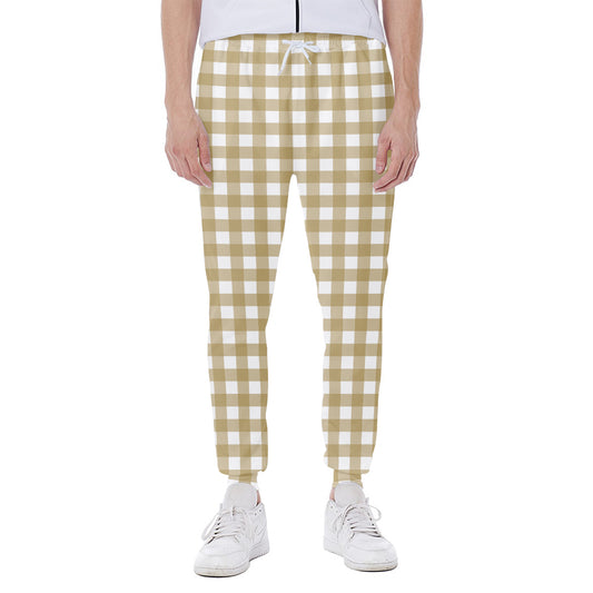 Beige And White Check Pattern Print Scuba Joggers