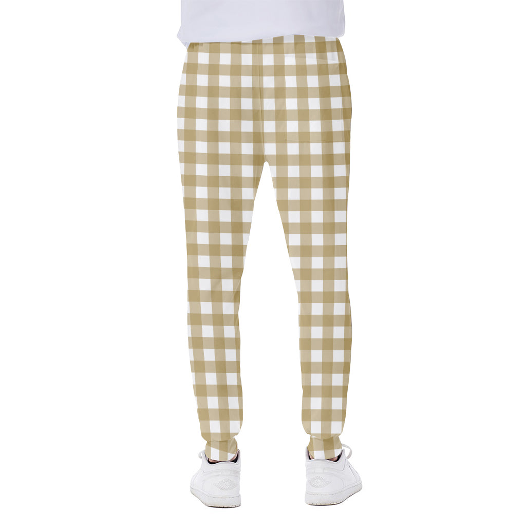 Beige And White Check Pattern Print Scuba Joggers