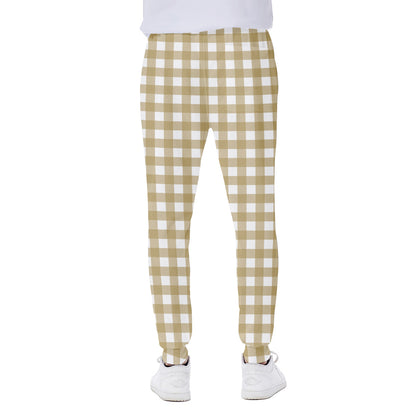 Beige And White Check Pattern Print Scuba Joggers