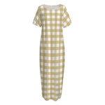 Beige And White Check Pattern Print Short Sleeve Long Nightdress