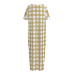 Beige And White Check Pattern Print Short Sleeve Long Nightdress