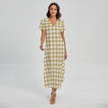 Beige And White Check Pattern Print Short Sleeve Maxi Dress