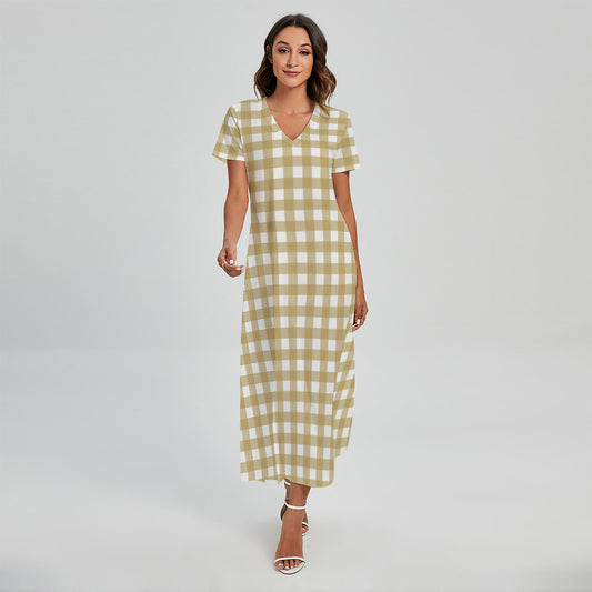 Beige And White Check Pattern Print Short Sleeve Maxi Dress