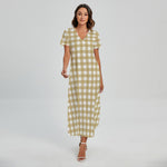 Beige And White Check Pattern Print Short Sleeve Maxi Dress