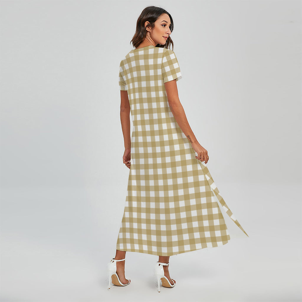 Beige And White Check Pattern Print Short Sleeve Maxi Dress