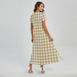 Beige And White Check Pattern Print Short Sleeve Maxi Dress