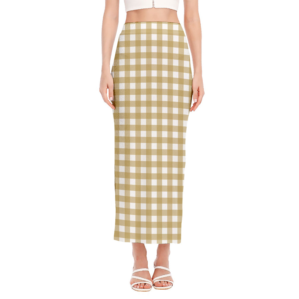 Beige And White Check Pattern Print Side Slit Maxi Skirt