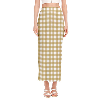 Beige And White Check Pattern Print Side Slit Maxi Skirt