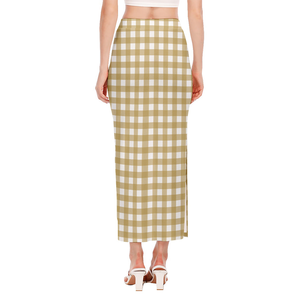 Beige And White Check Pattern Print Side Slit Maxi Skirt