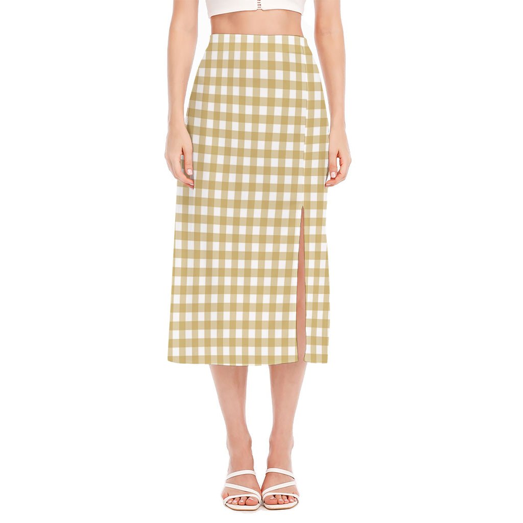 Beige And White Check Pattern Print Side Slit Midi Skirt