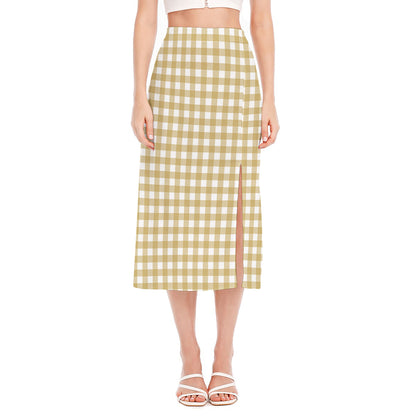 Beige And White Check Pattern Print Side Slit Midi Skirt