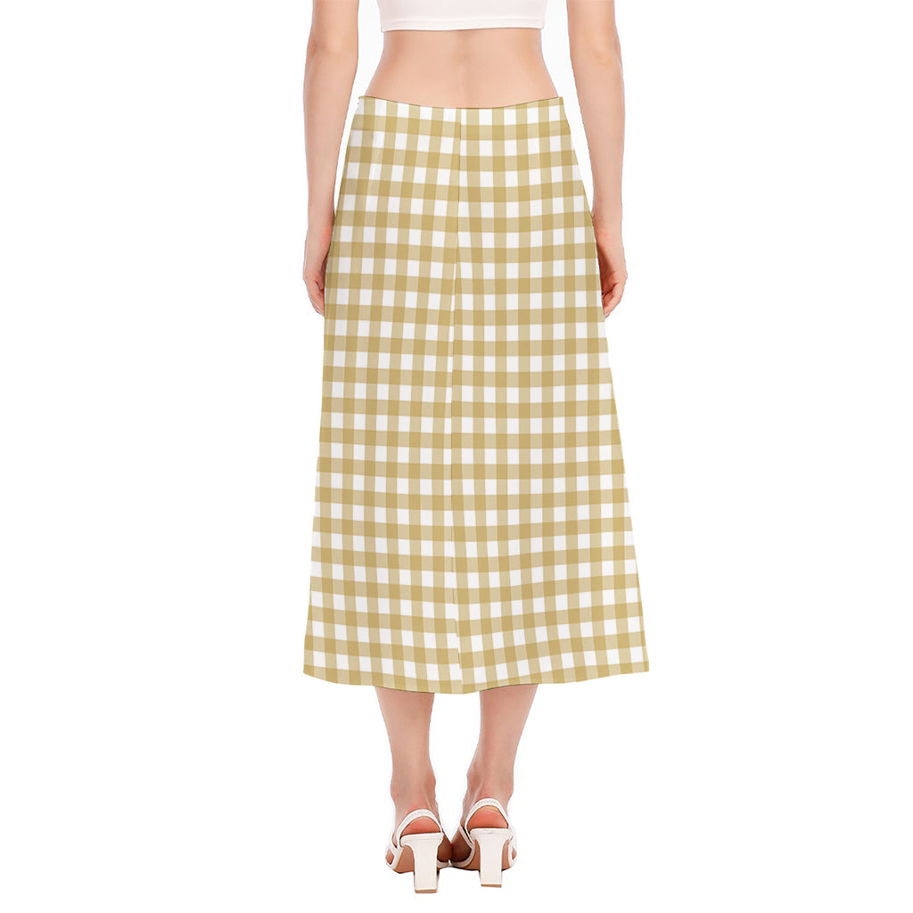 Beige And White Check Pattern Print Side Slit Midi Skirt