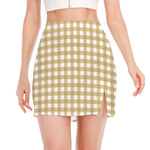 Beige And White Check Pattern Print Side Slit Mini Skirt