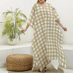 Beige And White Check Pattern Print Silk V-Neck Kaftan Dress