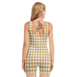 Beige And White Check Pattern Print Sleeveless One Piece Swimsuit
