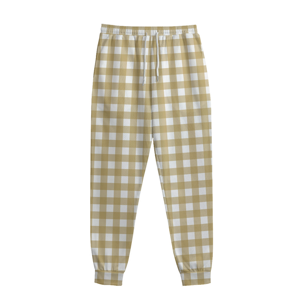 Beige And White Check Pattern Print Sweatpants