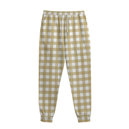 Beige And White Check Pattern Print Sweatpants