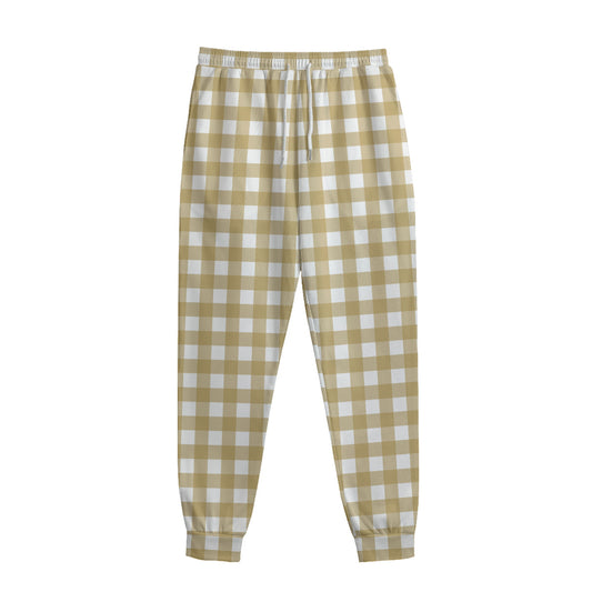 Beige And White Check Pattern Print Sweatpants