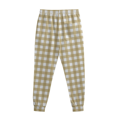 Beige And White Check Pattern Print Sweatpants