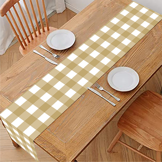 Beige And White Check Pattern Print Table Runner