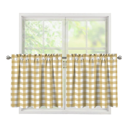 Beige And White Check Pattern Print Tier Curtains