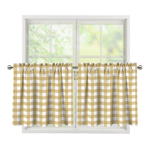 Beige And White Check Pattern Print Tier Curtains
