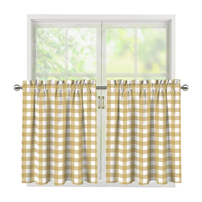 Beige And White Check Pattern Print Tier Curtains