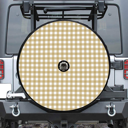 Beige And White Check Pattern Print Tire Cover With Camera Hole