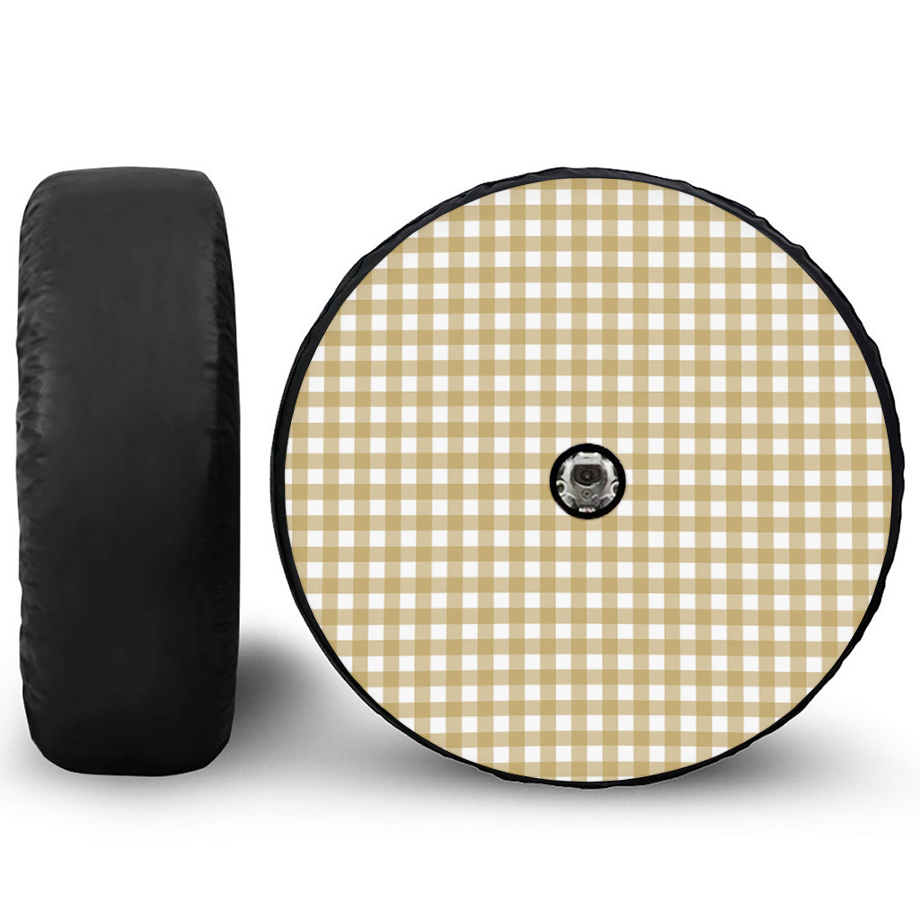 Beige And White Check Pattern Print Tire Cover With Camera Hole