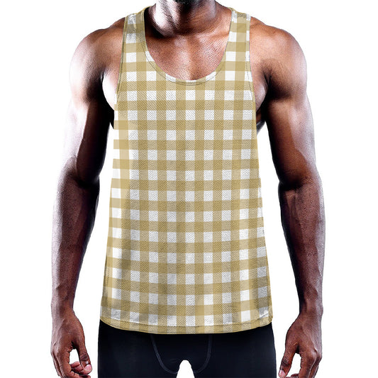 Beige And White Check Pattern Print Training Tank Top