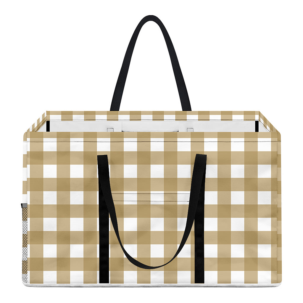 Beige And White Check Pattern Print Utility Tote Bag