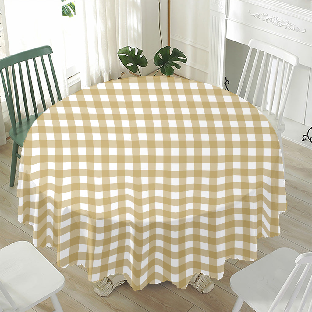 Beige And White Check Pattern Print Waterproof Round Tablecloth