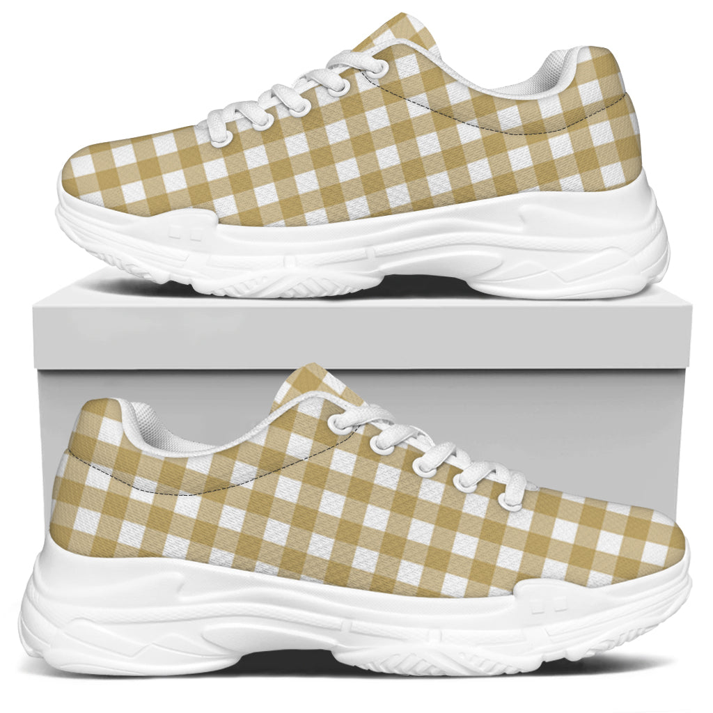 Beige And White Check Pattern Print White Chunky Shoes
