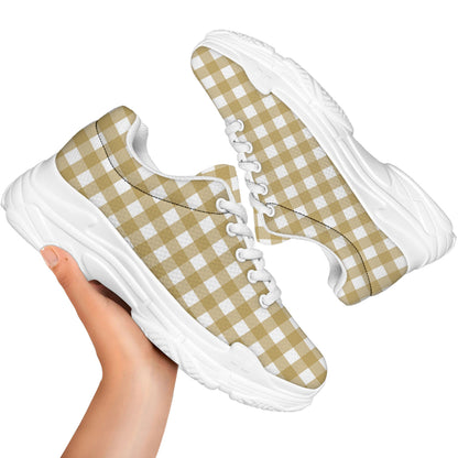 Beige And White Check Pattern Print White Chunky Shoes