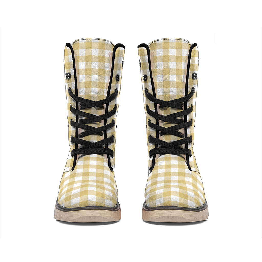 Beige And White Check Pattern Print Winter Boots