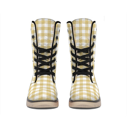 Beige And White Check Pattern Print Winter Boots