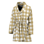 Beige And White Check Pattern Print Women's Bathrobe