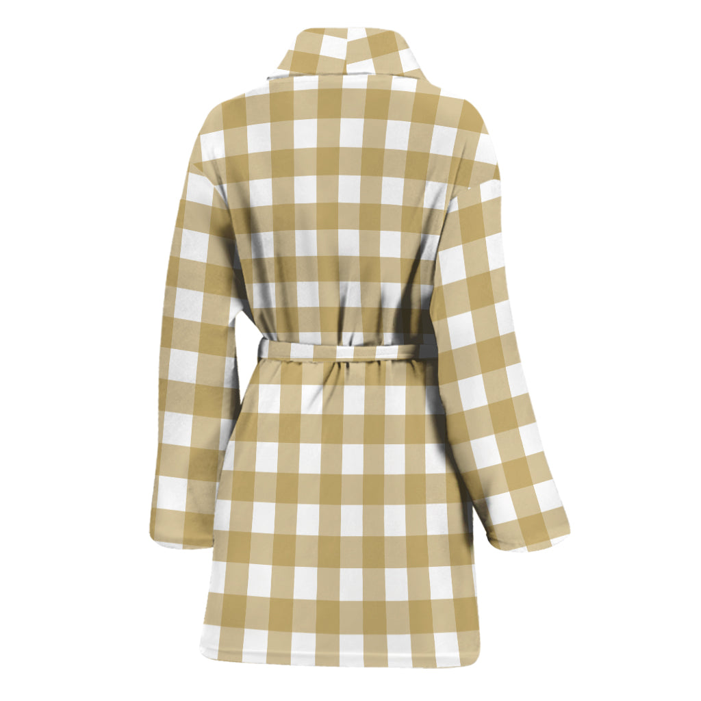 Beige And White Check Pattern Print Women's Bathrobe